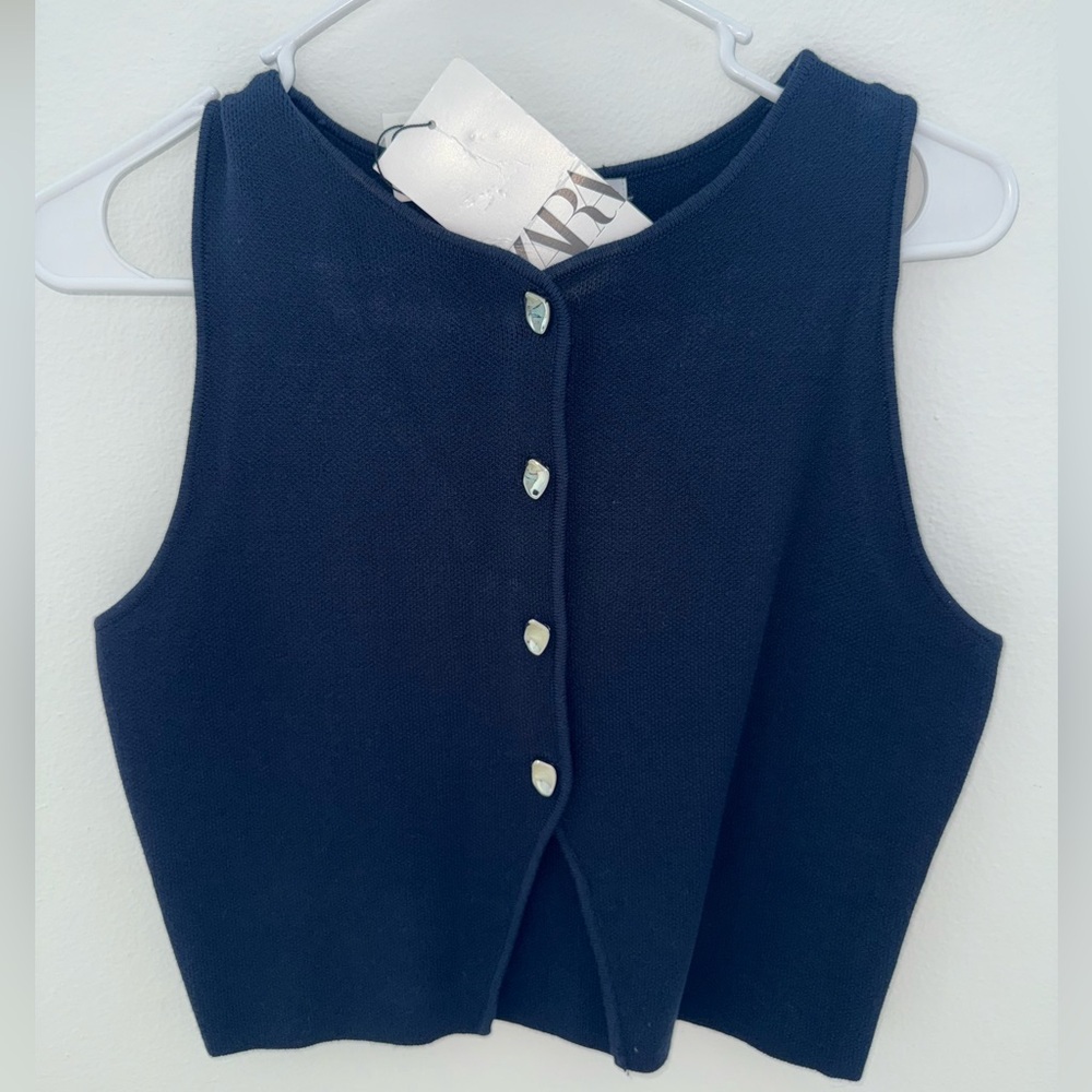 Zara Navy Sleeveless Button-Up Top